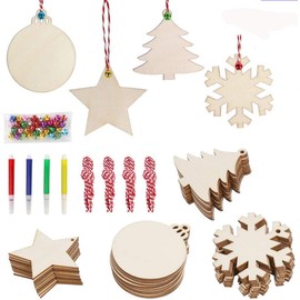 40pcs Wooden Christmas Ornaments New Year Unfinished Wood Slices with Holes for Kids Holiday DIY Crafts Centerpieces Holiday Hanging Decorations 4 Styles
