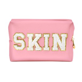 Y1tvei Preppy Patch SKIN White Letter Pink Cosmetic Toiletry Bag PU Leather Portable Makeup Bag Daily Use Storage Pouch Toiletry Purse Waterproof Organizer for Travel Varsity Women Girls Teens(Pink)