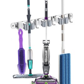 HANZENMA Broom Holder Wall Mount, Broom Organizer Wall Mount Stainless Steel Broom and Mop Hanger Heavy Duty Storage Organization for Home Kitchen Garden Garage Room 3 Racks 4 Hooks Grey