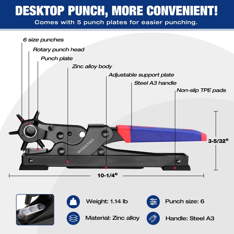 WORKPRO Desktop Leather Hole Punch Set, Rotary Belt Hole Puncher
