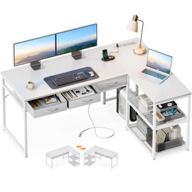 AODK 53 Inch L Shaped Computer Desk with Drawers, Corner Desk with Power Outlets & Reversible Storage Shelves, Movable CPU Stand for Home Office Gaming, White