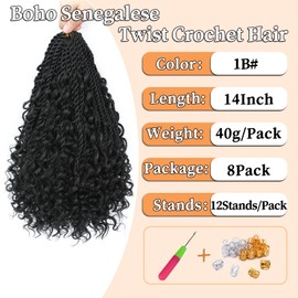 Auxemuen Senegalese Twist Crochet Braids with Curly Ends 14Inch 8Packs Boho Island Twist Crochet Hair Pre-looped Goddess Box Braids Crochet Hair Extensions for Black Women (1B)