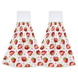 Cute Strawberry Kitchen Hand Towels Hand Tie Towels Set of 2 PCS Dish Towels with Loops Tea Bar Dish Cloths Towel for Bathroom Home
