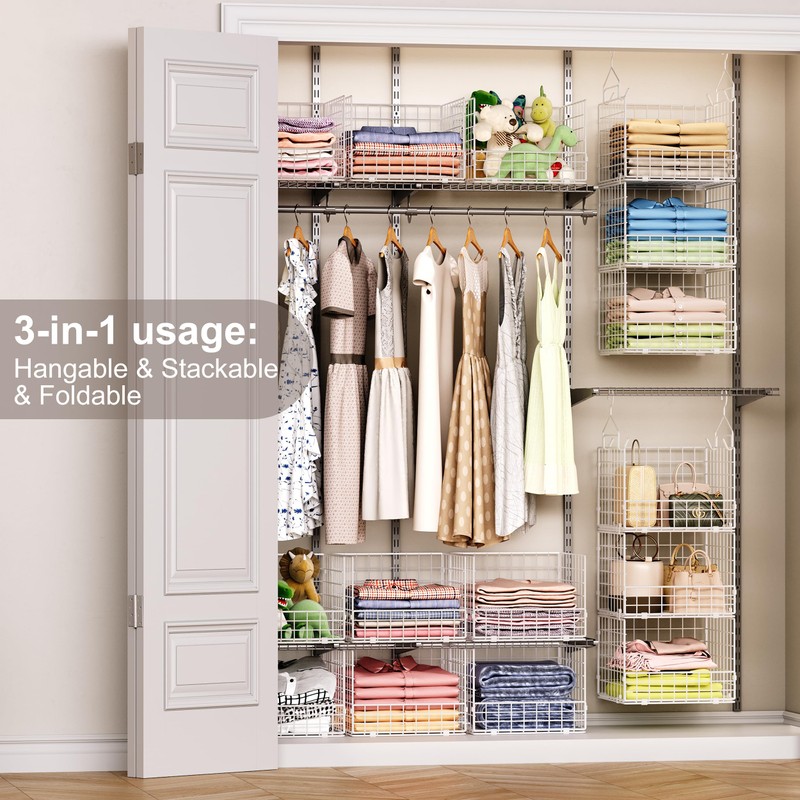3-Tier Hanging Closet Organizer with 5 S Hooks, Closet Shelves