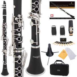 Mendini by Cecilio B Flat Clarinet for Beginner, Ebonite Bb Clarinet with 2 Replaceable Barrels, 10 Reeds, Stand, Pocketbook, Mouthpiece, Hard Case, Gloves (Black)
