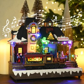 Valery Madelyn Christmas Village House Decorations, Battery Operated Train Station with Music, LED Lights and Moving Train, for Christmas Home Gift Decor, Vintage Christmas Hometown, 11.6 Inch