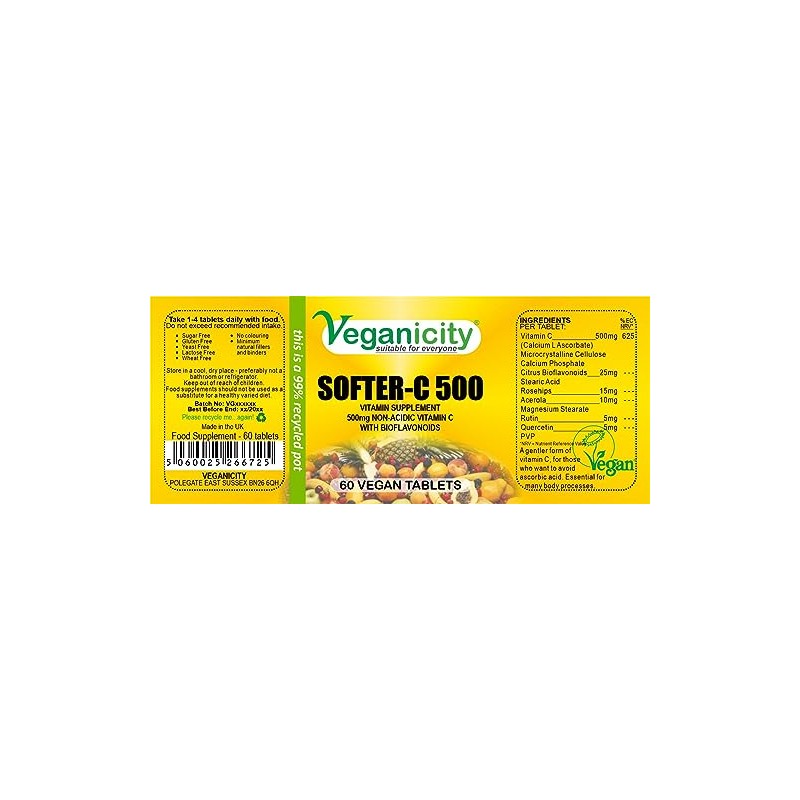 Softer-C 500 : Non-Acidic Vitamin C Supplement 500mg : 60