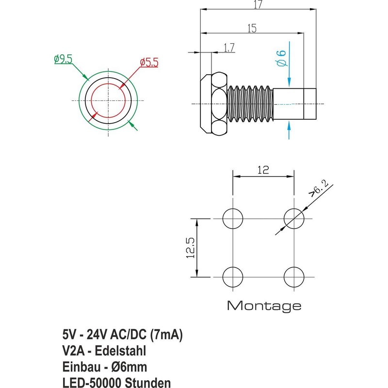 LED Indicator Light - 6 mm - V2A Stainless Steel