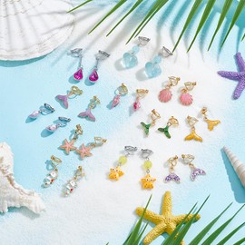 UNICRAFTALE 14 Pairs 14 Styles 304 Stainless Steel Clip-on Earring Non-Pierced Earrings Summer Theme Ears Ocean Starfish Sea Shells Clip-on Earring Enamel Dangle Earrings for Women Jewelry Gift