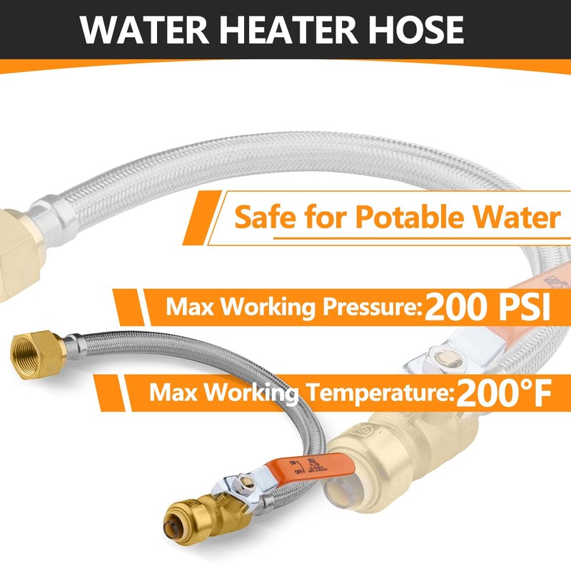 1-Pack HeSun 12-Inch Push-Fit Ball Valve Water Heater Connector, Push-to-Connect