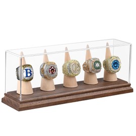 Championship Ring Display Case for 5 Rings – Walnut Wood & Acrylic Sports Memorabilia Showcase Box for Trophy Collection