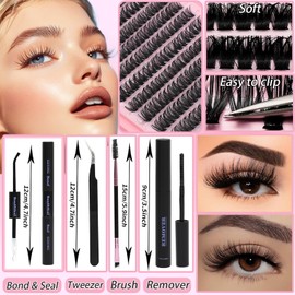 Lash Clusters Kit, Eyelash Clusters Individual Lash Extension Kit 480 Pcs D Curl Fluffy Wispy False Eyelashes Extensions Thin Band with Bond Seal Tweezers Brush Removers (80D+100D KIT9-16mm)