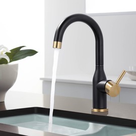 WOWOW Black and Gold Modern Single Handle Bar Faucet, 1 Hole, 360 Swivel, RV Sink Faucet, Mini Bar Tap with Water Supply Hoses