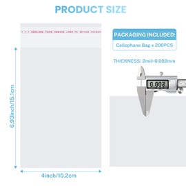 Clear Self Sealing Cellophane Bags,4x6 Inches 200 Pcs Cellophane Treat Bags Resealable Cookie Bags for Packaging Cookies Candy,2 mils Thick OPP Treat Bags for Gift Wrapping Decorations Storage