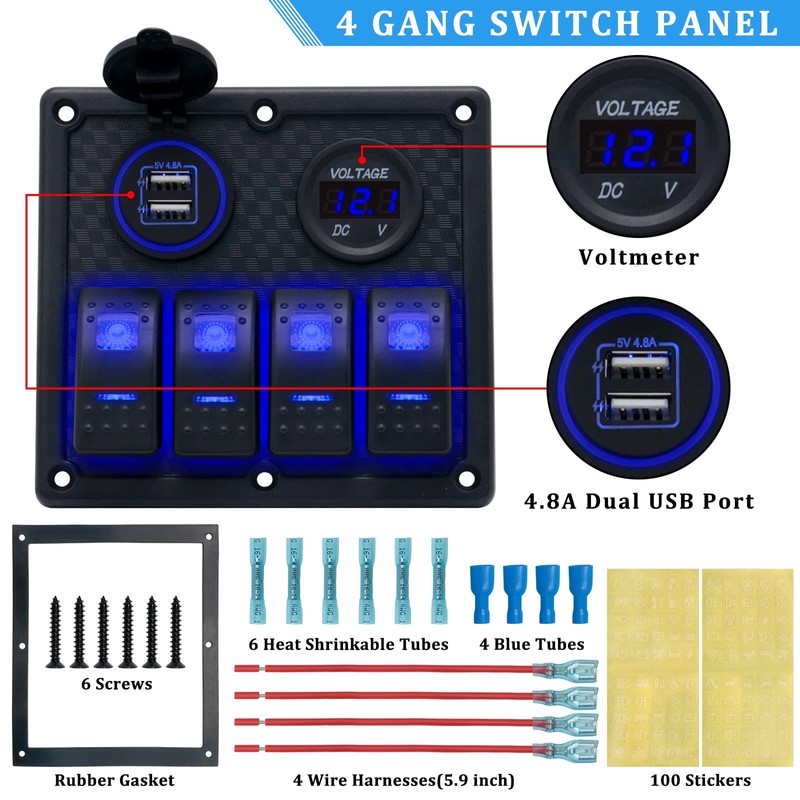 4 Gang Marine Switch Panel, EilxMag Blue Boat Rocker Switch