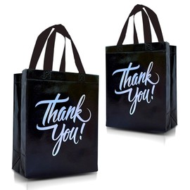 Nush Nush Black Thank You Gift Bags Bulk Medium – Set of 12 Stylish Black Thank You Bags With Iridescent Print - Perfect As Goodie Bags, Birthday Bags, Party Favor Bags – 8W x 4D x 10H Size