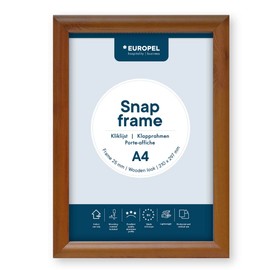 EUROPEL lightweight Snap frame A4, Profile 25x11 mm, Color wooden look, Anodized aluminum, anti-reflective protector, External dimensions 241x328 mm, Grey polystyrene back