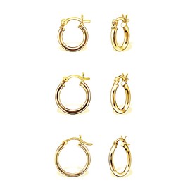 DTPsilver - Set of 3 Pairs of 925 Sterling Silver Yellow Gold Plated - Hinge Hoops/Sleepers/Creole Earrings - Thickness 1.5 mm - Diameter 14, 16, 18 mm