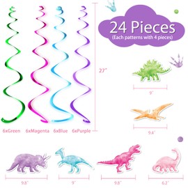Watercolor Dinosaur Party Hanging Swirl - 24Pcs Dinosaur Party Decorations for Girls Kids Birthday Baby Shower Foil Whirls Ceiling Streamers Spirals Dino Theme Party Supplies