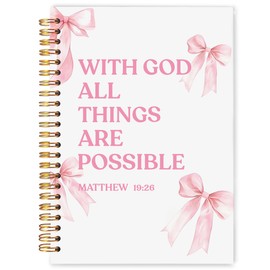 WARDOS Pink Coquette Bow Christian Spiral Notebook Journal 5.5x8.3, With God All Things Are Possible Bible Journals, Preppy Pink Prayer Christian Journal Gifts for Women, Girly Cute Notebook