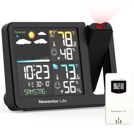 Projection Alarm Clock, Projection Clock for Bedroom Ceiling, Projector Clock with Weather Station, Indoor Outdoor Temperature Humidity Monitor, Forecast, Adjustable Backlight, Black,No Atomic