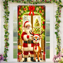 BlissYard Santa and Reindeer Merry Christmas Door Banner 35x71 Inch Holiday Front Door Decoration with Red Garland Snowflakes and Gift Boxes for Indoor Outdoor Wall Winter Welcome Porch Display