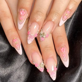 Medium Almond Press on Nails White French Tip Fake Nails with 5D Bow Flower Pearls Rhinestones Designs Decorate Nail Press ons Nude Full Cover Fashion Manicure Glue on Nails 24Pcs
