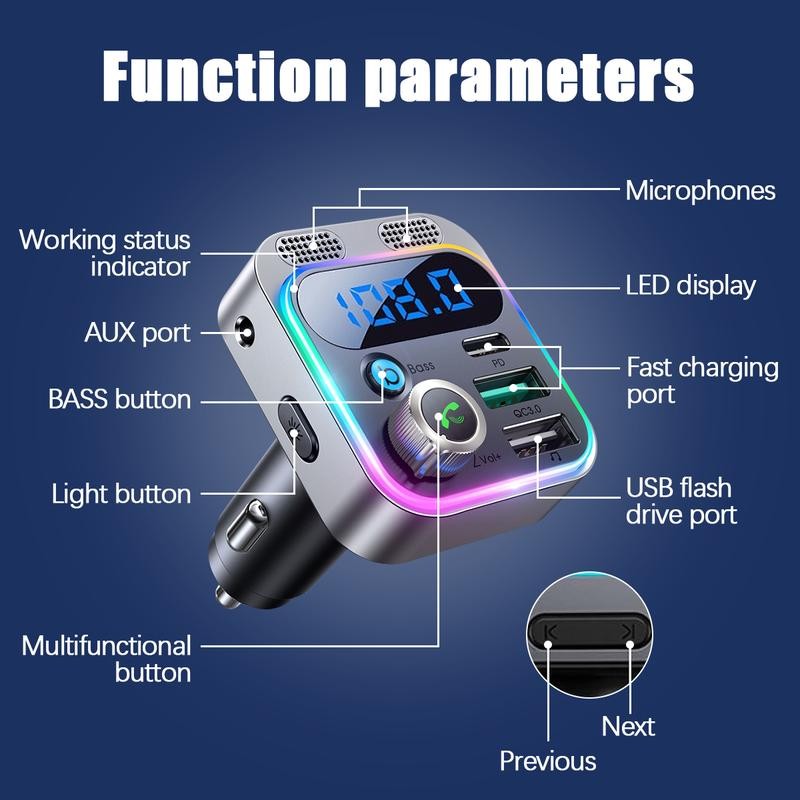 Multifunctional car FM transmitter with ambient light, BASS hands-free car