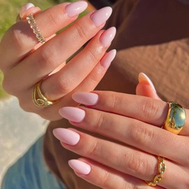 24 Pcs Pink Press on Nails Medium Almond Fake Nails RIICFDD Fall False Nails with Solid Color Designs Glossy Full Cover Autumn Stick on Nails Glue on Nailsfor Women and Girls Acrylic Nails