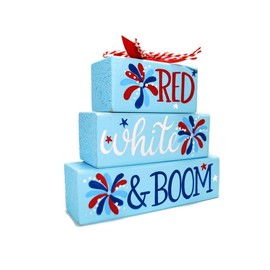 Red White and Boom Wood Block Shelf Sitter – Patriotic 4th of July Tiered Tray Decor – Americana Fireworks Rustic Home Decoration – Farmhouse Style Independence Day Sign