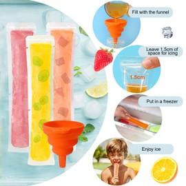 FEBSNOW 200 Disposable Ice Popsicle Bags BPA Free Freezer Tubes With Zip Seals For Snacks,Yogurt Sticks,Juice & Fruit Smoothies,Ice Candy Pops Comes With A Funnel (7.5"x2") (200, Transparent, 7.5"x2")