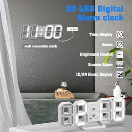 Petilleur 3D LED Digital Wall Clock, 9.5" Desk Alarm Clock, with 3 Adjust Brightness Levels, 12/24H Temperature Display (White)