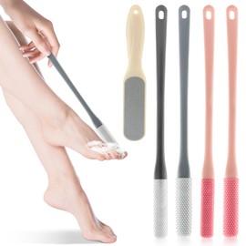Toe Cleaning Brush with Long Handle, 4Pcs 15.7" Toe Cleaning Brush with 1 Double Side Foot File, Foot Brush Toe Scrubber for Seniors Elderly Men and Women(Color:Pink, Grey, White)