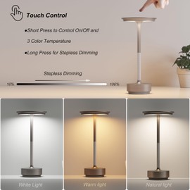 TBBGA Rechargeable Table Lamps Cordless, Portable 5000mAh Outdoor Table Light, 3 Color Stepless Dimming LED Table Lamp with Memory Function, for Home/Dinner/Patio/Restaurant.(Champagne Gold)