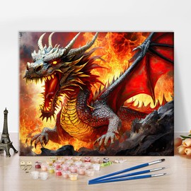 Paint by Number for Adults, Red Mad Dragon Paint by Numbers for Adults Beginner, Angry Reptile Fictional Scary Character Painting by Number for Home Wall Decor 16x20 Inch