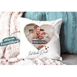 PR Print Royal Photo Cushion with Filling with Saying "Ich Liebe Dich - zum SelbstGestalten with Desired Photo in the Heart for Your Partner, the Partner" Colour Cushion Back, Light Blue, 40 x 40 cm