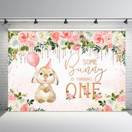 MEHOFOND Spring Bunny Theme Gril One Birthday Backdrop Rabbit Some Bunny is Turning One Pink White Floral Easter 1st Bday Party Decorations Photography Background 7x5ft