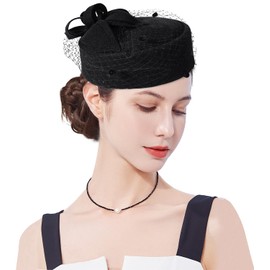 ELLYDOOR Wool Fascinator Hat Winter Wool Felt Pillbox Hat for Women Wedding Church Hat Veil Flower Fedoras (#01B Black)