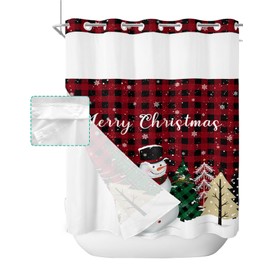ZFUNCING Merry Christmas No Hook Shower Curtain with Snap in Liner,Winter Snowman Bath Curtain with See Through Top Window,Plaid Dot Tree on Checker Shower Curtains for Bathroom Decor,72x72in