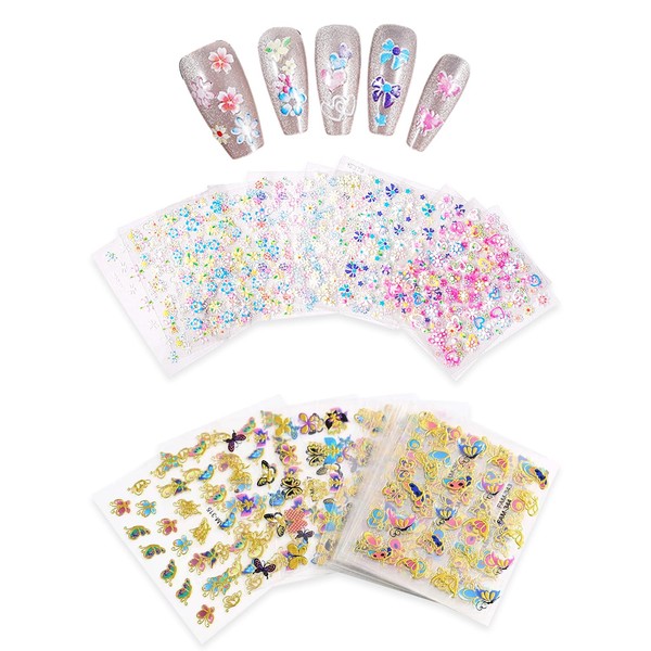 30 Kleine Blumenaufkleber Und 30 Schmetterlingsaufkleber, Farbenfrohe 3D -Nagelaufkleber, Glitzernageldekoration,