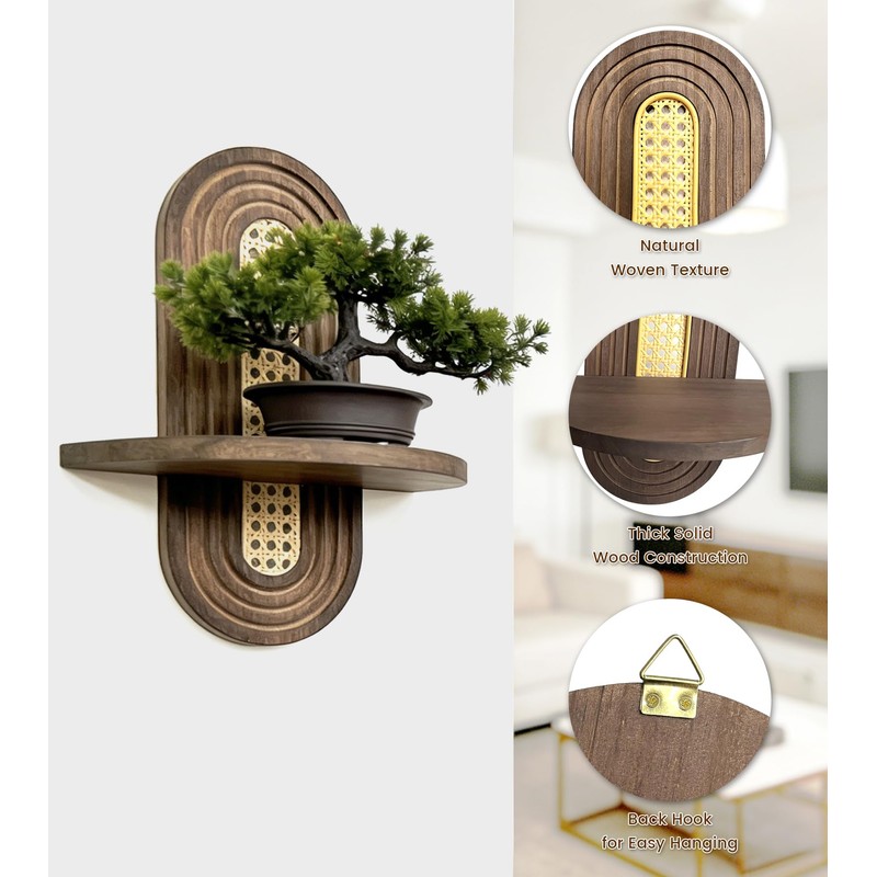 Wooden Arched Floating Shelf, Boho Rattan Wall Shelf