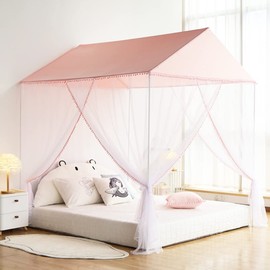 Akiky - Toldo grande para cama para niñas, con pompón, castillo de princesa, para interiores y exteriores, para niños, no incluye bastones de cama (individual, rosa)