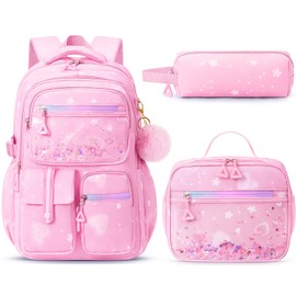 Fimibuke Backpack for Girls, 3 PCS Waterproof Kids Backpack with Lunch Box & Pencil Case Set, Cute Travel Bookbag School Bag for Kindergarten Elementary Middle High School Student Toddler Kids Teens