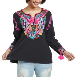YZXDORWJ Women's Mexican Long Sleeve Blouse Embroidered Traditional V Neck Top Boho Tunic (S, 325BK)