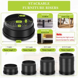 Yookwutar 4 Pack Furniture Risers 1 Inch, Adjustable Bed Risers Heavy Duty for Table Desk Couch Chair Sofa Cabinet Bed Frame Dorm, Round Stackable Table Leg Risers Lift Height 1", 2" or 3", Black