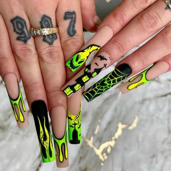 24Pcs Halloween Press on Nails Square Extra Length Fake Nails