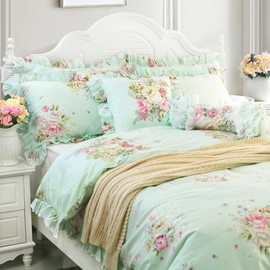 FADFAY Light Robin Egg Blue Duvet Cover Sets Floral Girls Bedding Set 100% Cotton Ruffled Farmhouse Bedding for Women Elegant Garden Style Dorm Bedding (3-Piece, Full Size)