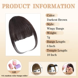 100% Human Hair Bangs Clip in Hair Extensions, Darkest Brown Clip on Bangs Wispy Bangs Fringe with Temples Hairpieces for Women Curved Bangs for Daily Wear(Wispy Bangs, Darkest Brown)