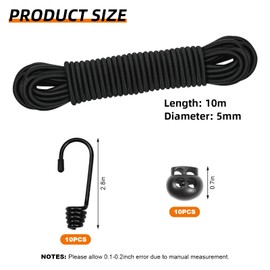 10M Elastic Cord, 1/5" Thick Shock Cord Heavy Duty 32Ft Elasticated Shock Cord Black Bungee Cords with Hooks and Spring Cord Lock for Caravan Cargo Craft Rack (5mm x 10M, Black)