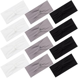 12 Pcs Stretchy Headbands for Women, Absorbed Sport Headband Soft Twist Knotted Hairbands for Daily Life Yoga Workout(Black/Grey/White)